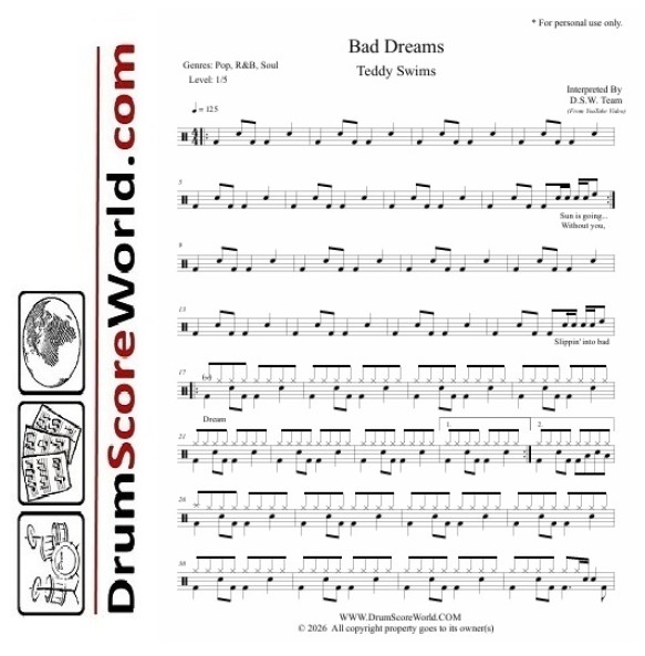 Teddy Swims - Bad Dreams - Drum Sheet + Play-Along Track